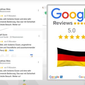 A person holding a smartphone displaying the Buy Google Reviews German service on the screen.