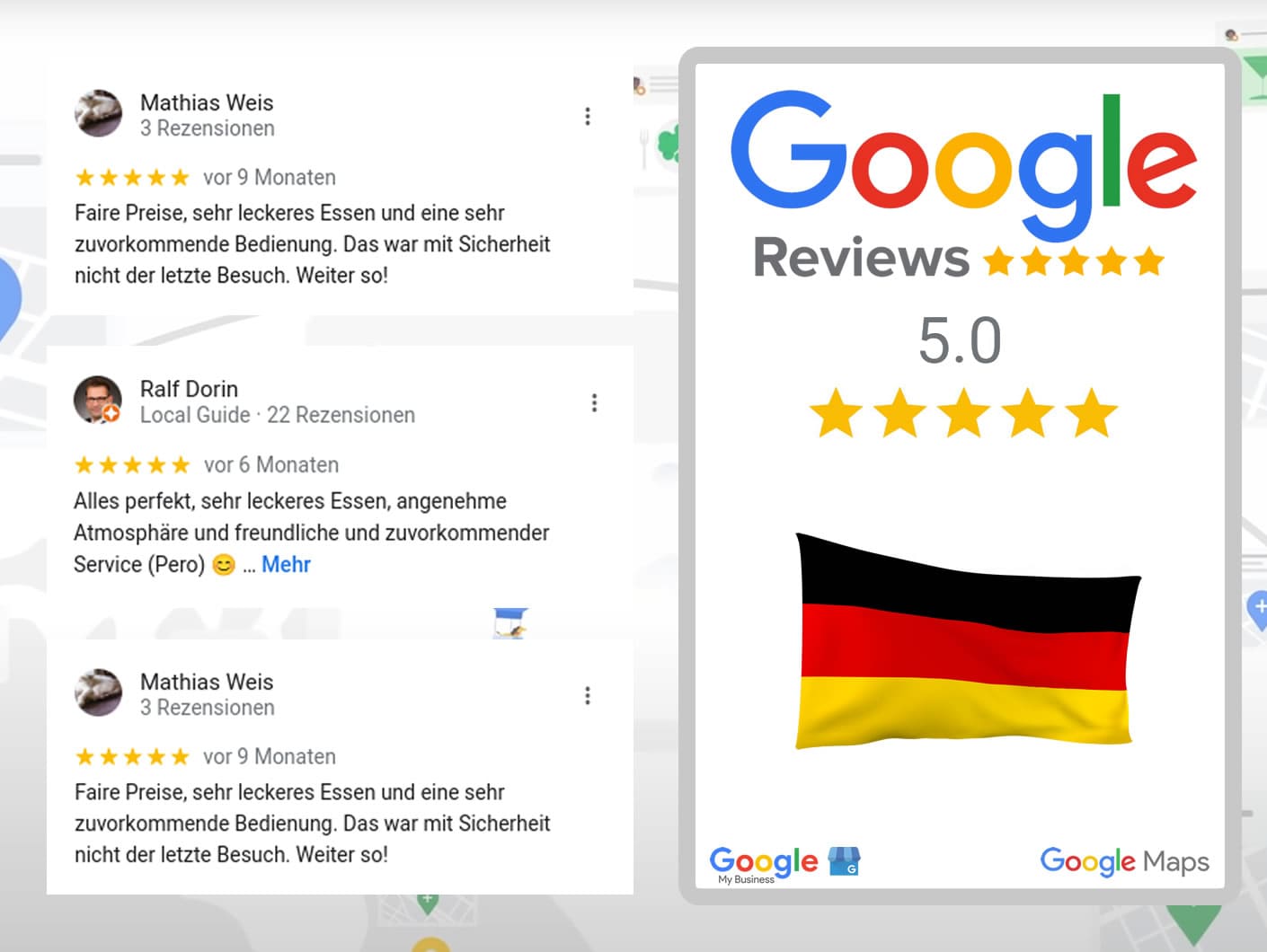 Una persona sostiene un smartphone que muestra en la pantalla el servicio alemán Buy Google Reviews.