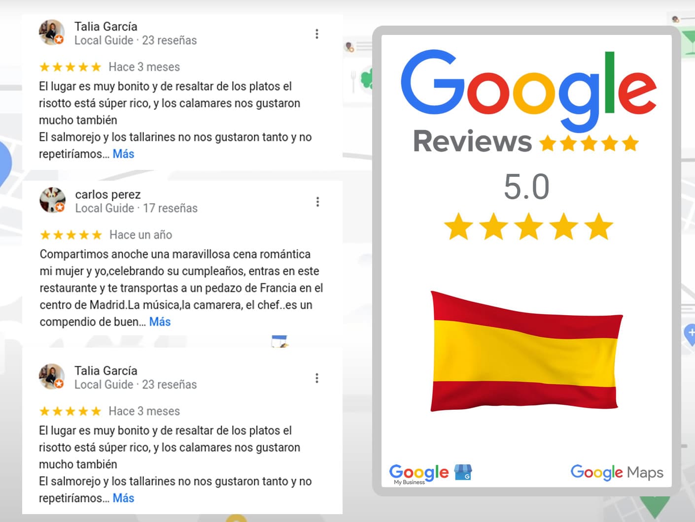 Le service "Buy Google Reviews Spanish" s'affiche à l'écran.
