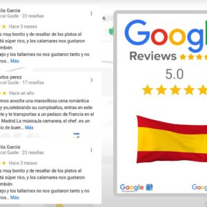 Un'immagine vivace che illustra il concetto di "Buy Google Reviews Spain" con una bandiera spagnola sullo sfondo.
