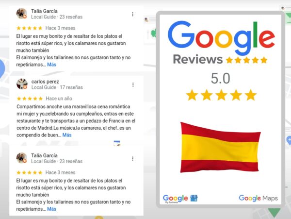 Un'immagine vivace che illustra il concetto di "Buy Google Reviews Spain" con una bandiera spagnola sullo sfondo.